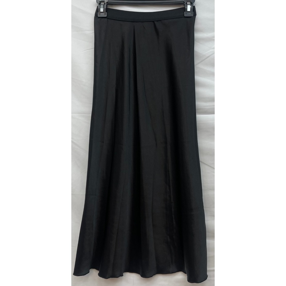 Knit Riot Black Satin Midi Skirt XS Elastic Waist Slip Silky Minimalist A-Line